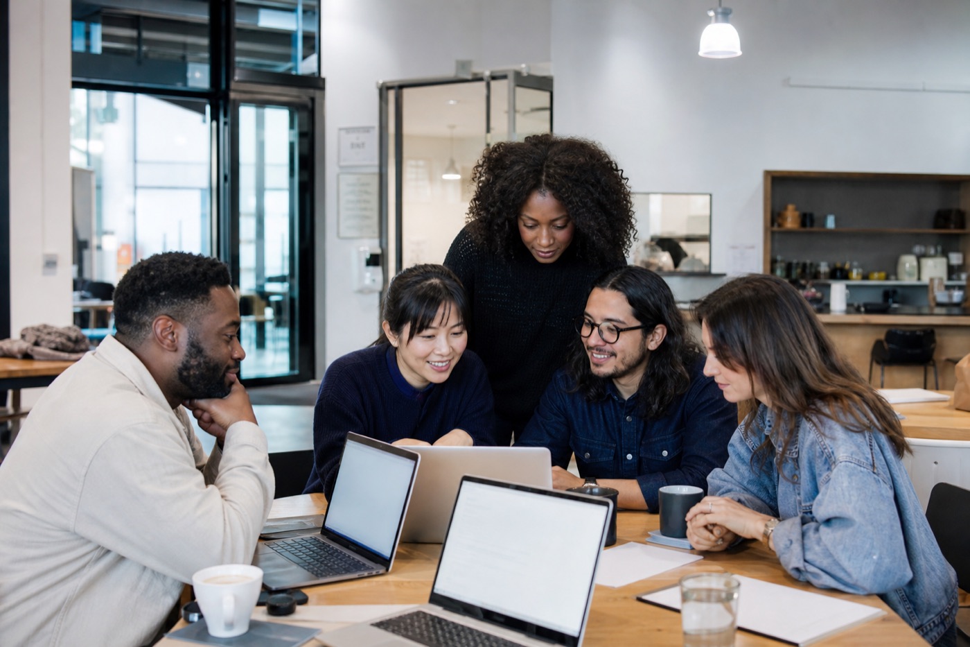 Business teams collaborating in a shared workspace