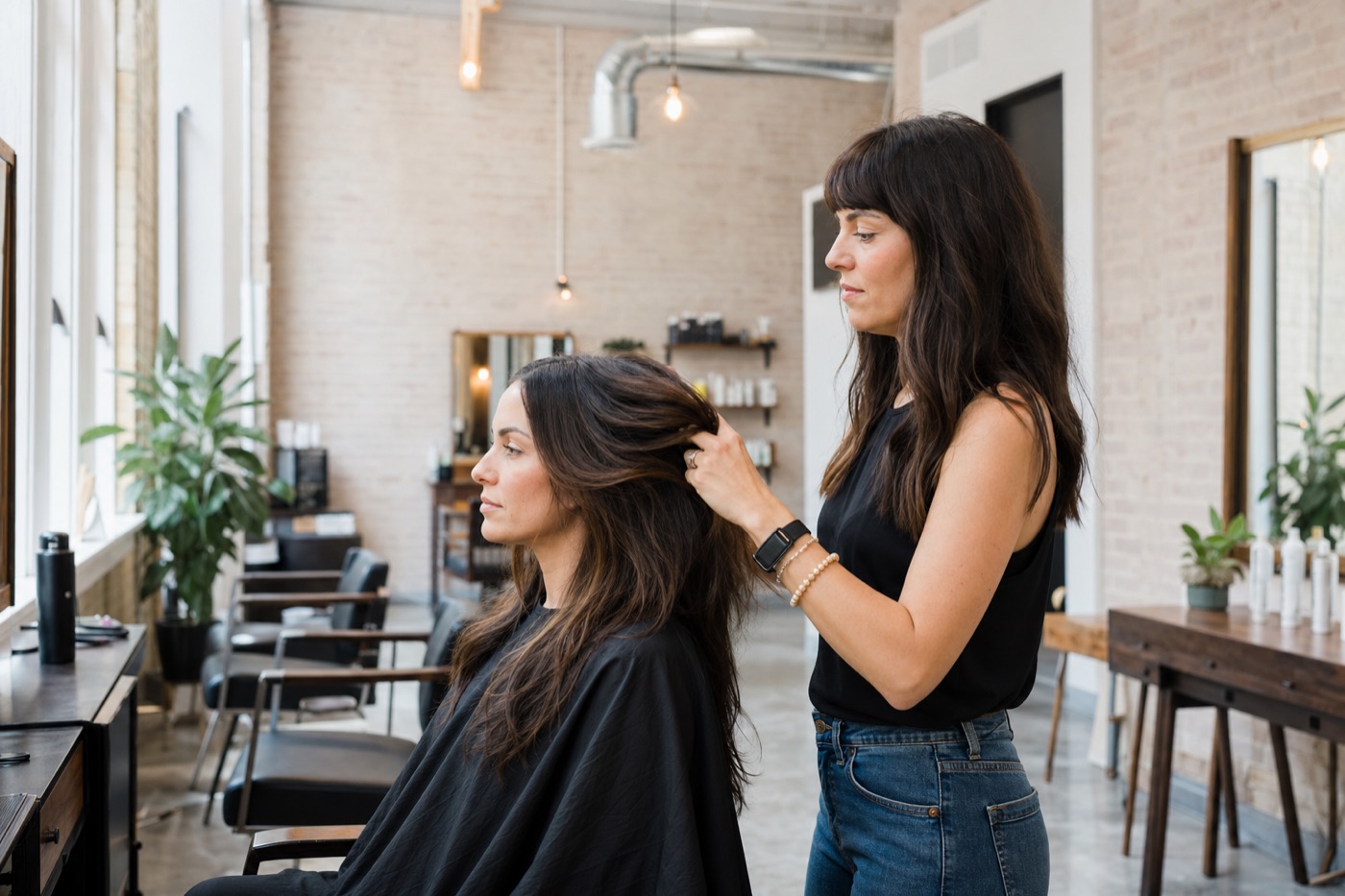 Beauty salon stylist with client