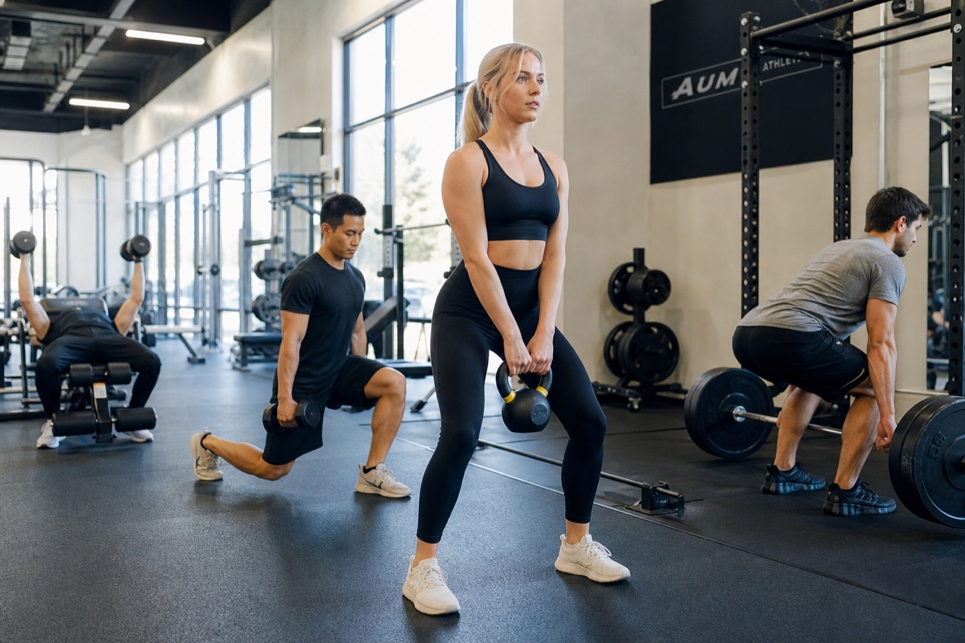 Modern fitness gym with people training