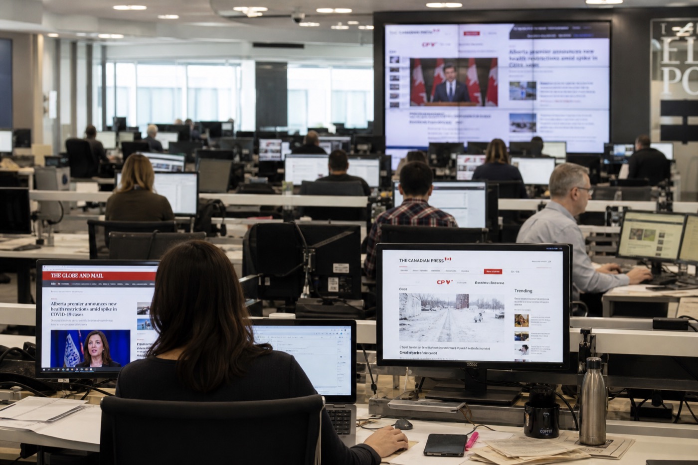 Newsroom team working at desks